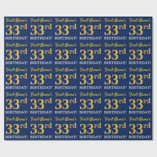 Blau, Nachahmung Gold Look "33. BIRTHTAG" Geschenkpapier (Flach)