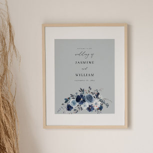 Blau & Navy Blumen Hochzeit Willkommen - Blau Grau Poster