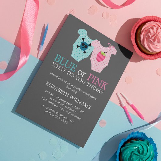 Blau oder rosa? Baby Outfits Gender Reveal Party Einladung