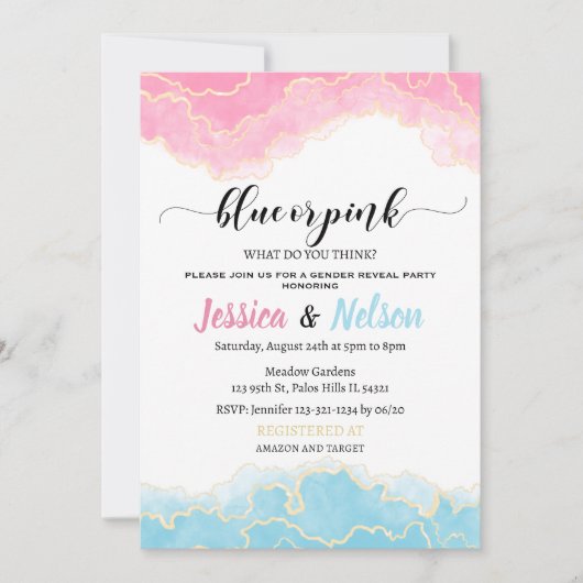 Blau oder rosa Er oder sie Junge oder Mädchen Gesc Einladung (Vorderseite)