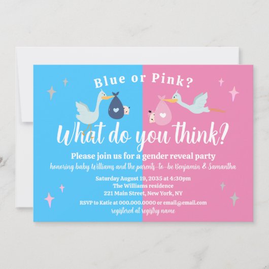 Blau oder Rosa Was denken Sie, Party für Geschlech Einladung (Vorderseite)