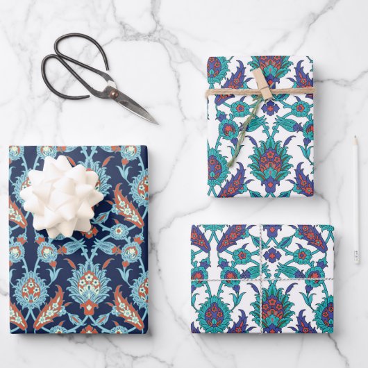 Blau Orange Aquamarin Red White Oriental Blumenmus Geschenkpapier Set (Vorderseite)