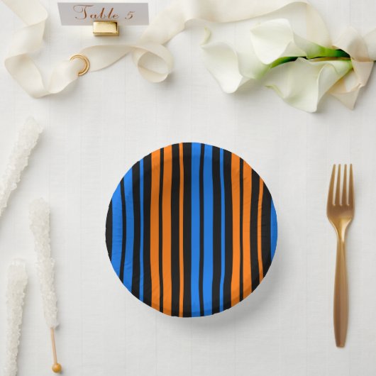 Blau Orange Blau Vertikale Streifen Design Pappteller (Hochzeit)