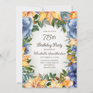 Blau Orange Blumen 75. Geburtstag Einladung