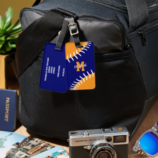 blau orange oder JA Farben Softball Baseball Gepäckanhänger (Vorderseite & Rückseite)