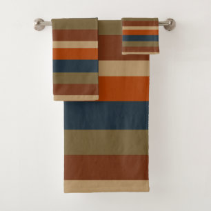 Blau, Orange, Oliven und Sandstreifen Badhandtuch Set