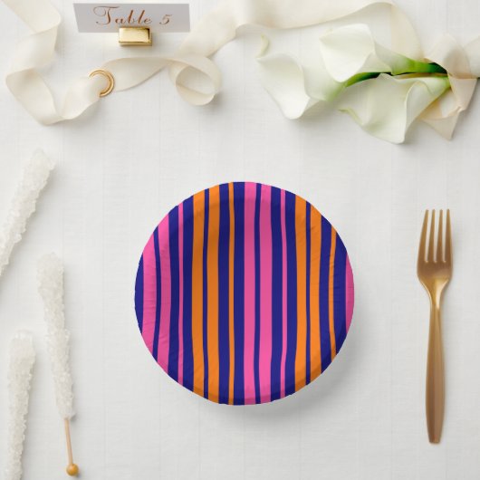 Blau Orange Pink Vertikale Streifen Design Pappteller (Hochzeit)