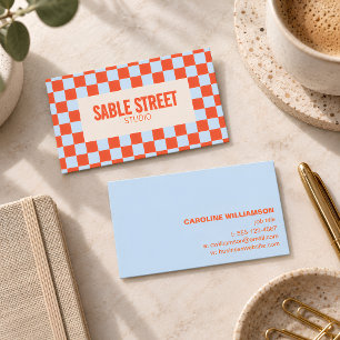 Blau Orange Retro Schachbrettmuster Fett Kreative Visitenkarte