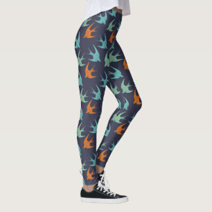 Blau Orange und Grün Vogel Muster Leggings