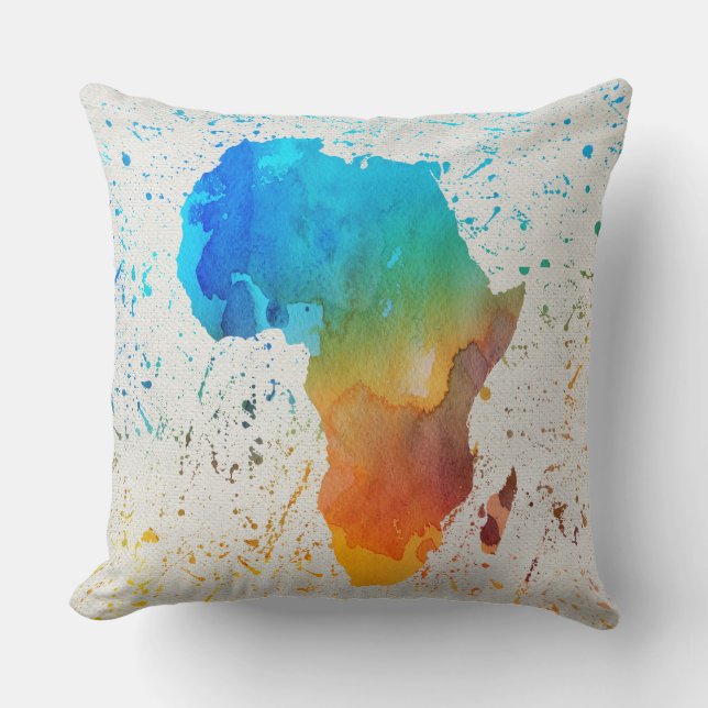 Blau, Orange und grüne Wasserfarben Afrika Kissen (Vorderseite)