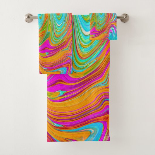 Blau, orange und scharf rosa Groovy Abstrakt Retro Badhandtuch Set (Insitu)