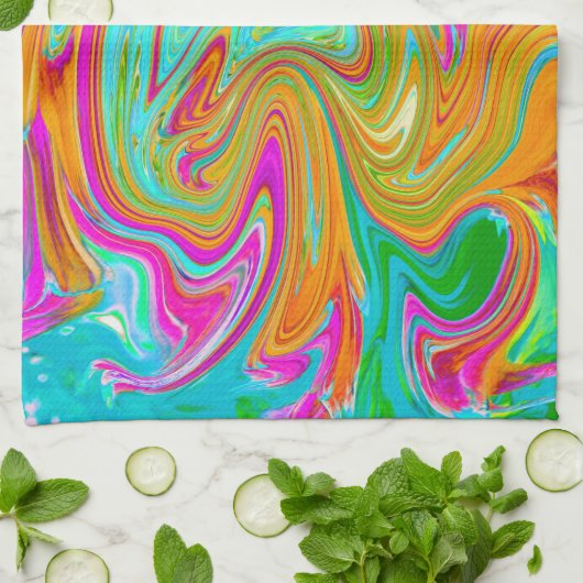 Blau, orange und scharf rosa Groovy Abstrakt Retro Geschirrtuch (Gefaltet)