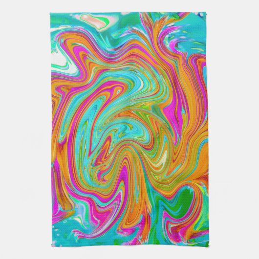 Blau, orange und scharf rosa Groovy Abstrakt Retro Geschirrtuch (Vertikal)