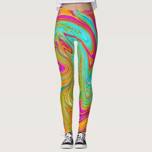 Blau, orange und scharf rosa Groovy Abstrakt Retro Leggings (Vorderseite)