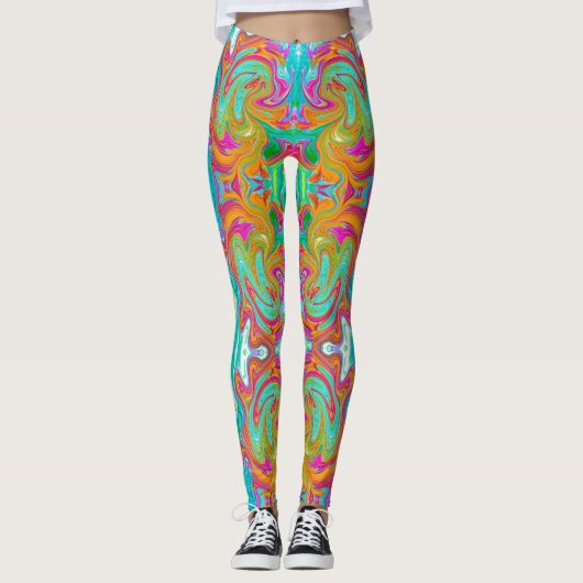 Blau, orange und scharf rosa Groovy Abstrakt Retro Leggings (Vorderseite)
