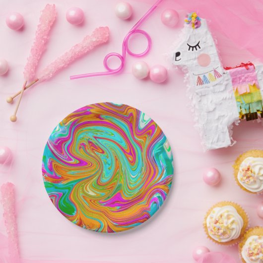 Blau, orange und scharf rosa Groovy Abstrakt Retro Pappteller (Party)