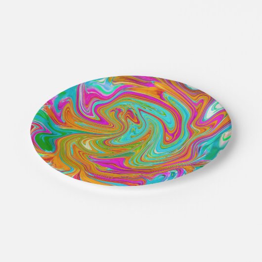 Blau, orange und scharf rosa Groovy Abstrakt Retro Pappteller (Schrägansicht)