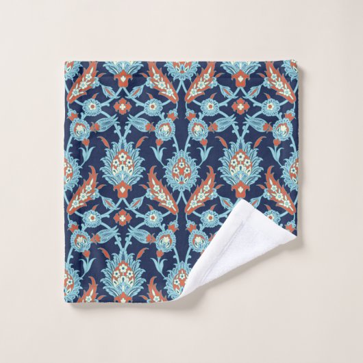 Blau Orange Weiß Türkisches Orientalisches Blumenm Badhandtuch Set (Waschlappen)