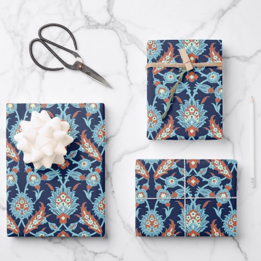 Blau Orange Weiß Türkisches Orientalisches Blumenm Geschenkpapier Set (Vorderseite)