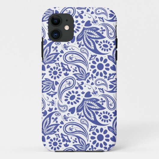 Blau-Paisley-Blume und Herzmuster auf Weiß Case-Mate iPhone Hülle (Rückseite)