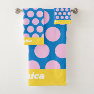 Blau-Pink Big Polka Dot Pattern Personalisiert Badhandtuch Set