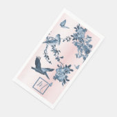 Blau Pink Chinoiserie Floral Elegantes Monogramm Serviette (Ecke)