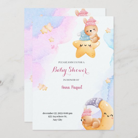 Blau-Pink-Mod Einladung (Vorne/Hinten)