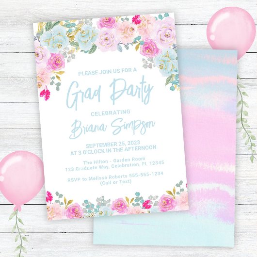 Blau Pink Pfirsich Lila Abschluss Grad Party Einladung