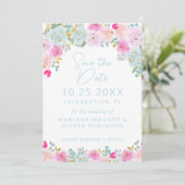 Blau-Pink-Pfirsich Save the Date Lila Einladung (Stehend Vorderseite)