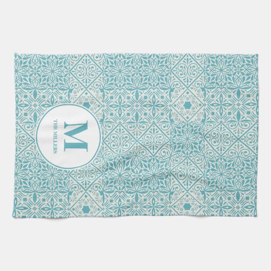 Blau Portugiesisch Tiles Türkis Mit Monogramm Geschirrtuch (Horizontal)