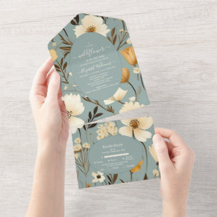 Blau Retro - Eine kleine wilde Blumen Baby Shower All In One Einladung