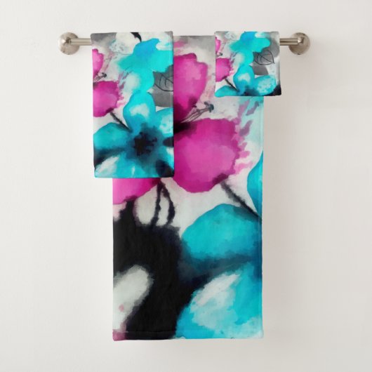 Blau-Rosa-Blume Badhandtuch Set (Insitu)