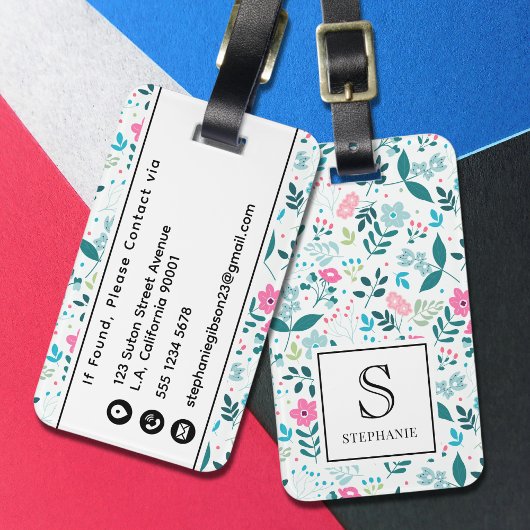 Blau-rosa Blumenmuster mit Monogramm-Namen Gepäckanhänger