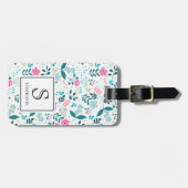 Blau-rosa Blumenmuster mit Monogramm-Namen Gepäckanhänger (Vorderseite horizontal)