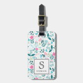 Blau-rosa Blumenmuster mit Monogramm-Namen Gepäckanhänger (Vorderseite vertikal)