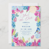 Blau-rosa-blumiger Frühlingsgarten Save The Date (Vorderseite)