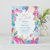 Blau-rosa-blumiger Frühlingsgarten Save The Date (Stehend Vorderseite)