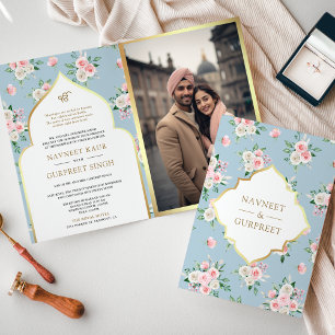 Blau Rosa Floral All in One Anand Karaj Hochzeit Einladung