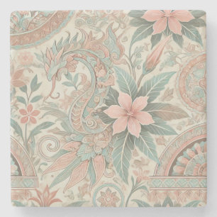 Blau Rosa Florale Boho Indonesische Batik Aquarell Steinuntersetzer