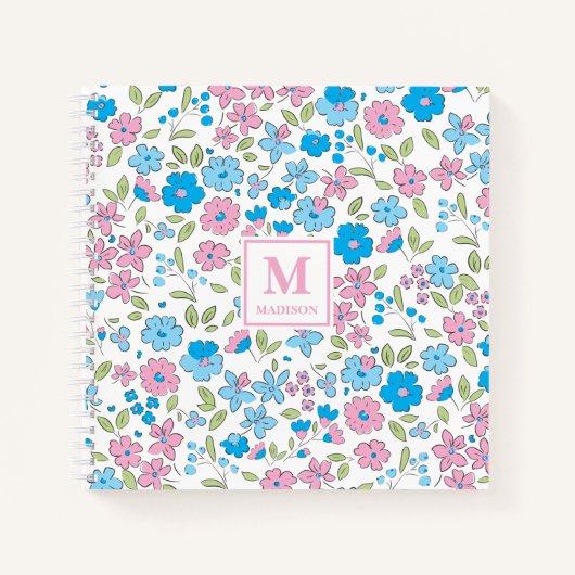 Blau Rosa Florales Monogramm Notizbuch Journal (Vorderseite)
