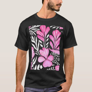Blau-rosa, florfarbenes Muster mit schwarzen Farbt T-Shirt