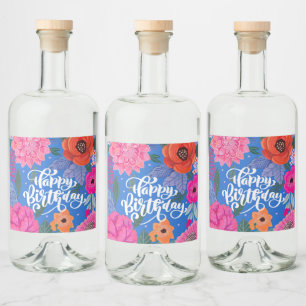 Blau Rosa Geburtstagsfeier mit Blumen Alkoholflaschenetikett