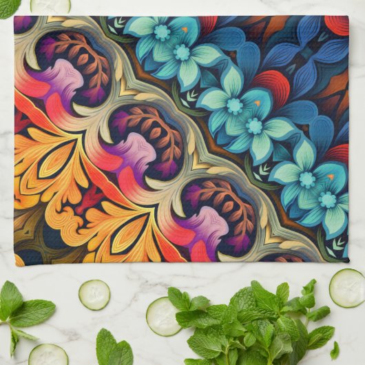 Blau-Rosa-Gelbe Blumen Geschirrtuch (Gefaltet)