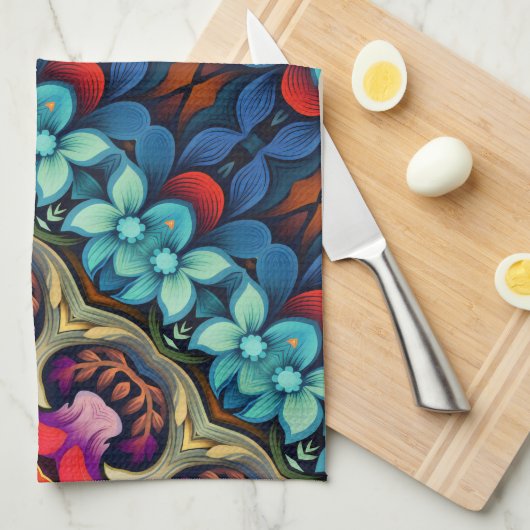 Blau-Rosa-Gelbe Blumen Geschirrtuch (Viertel Falte)