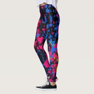 Blau-rosa Gelbfarbene Paint-Spritzer auf schwarzen Leggings