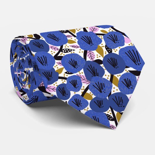 Blau-Rosa-Gold-Blumenmuster Krawatte (Gerollt)