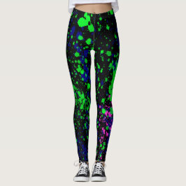 Blau-rosa-grüne Paint-Spritzer auf schwarzen Leggi Leggings