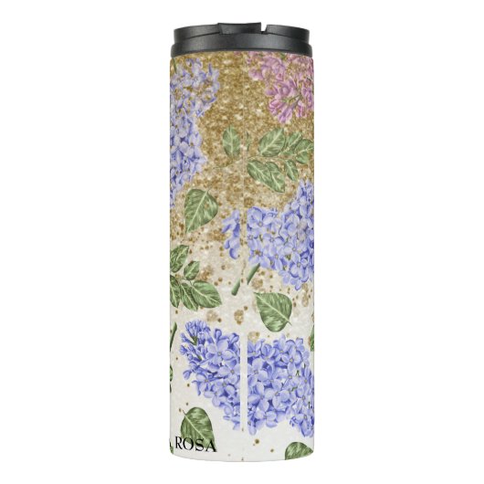 *~* Blau rosa HYDRANGEA Gold Glitzer Floral Thermosbecher (Rückseite)