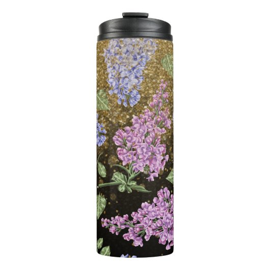 *~* Blau rosa HYDRANGEA Gold Glitzer Floral Thermosbecher (Vorderseite)