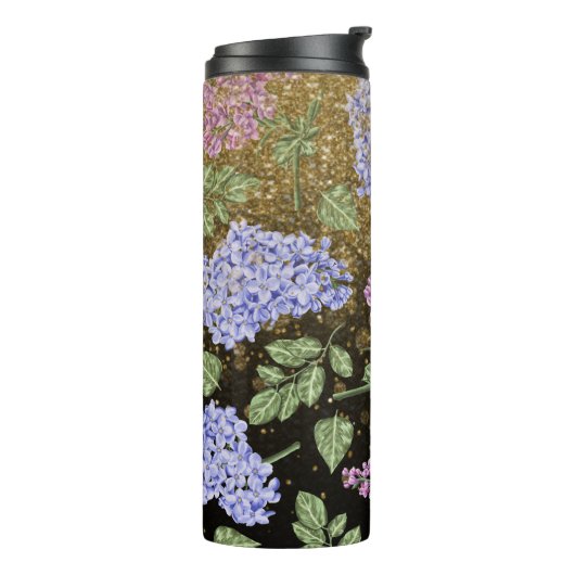 *~* Blau rosa HYDRANGEA Gold Glitzer Floral Thermosbecher (Nach links gedreht)